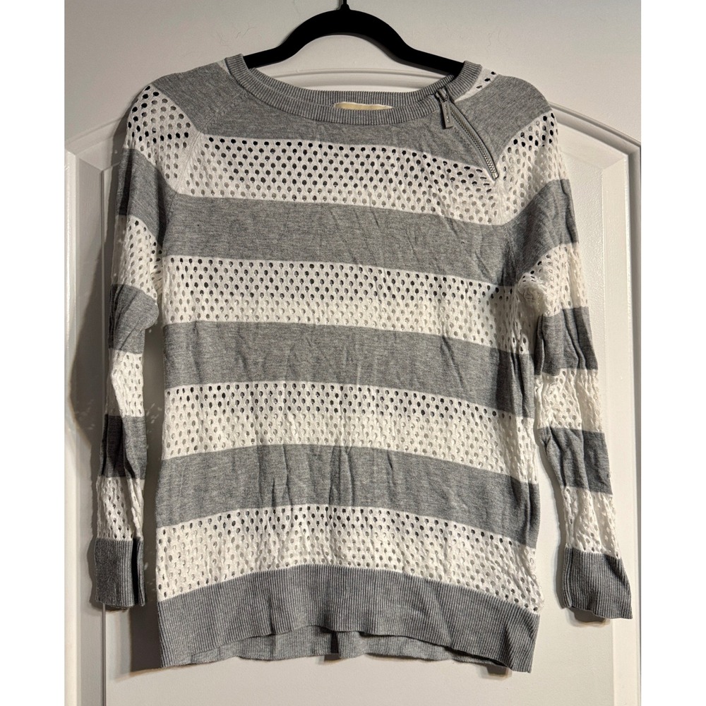 Michael Kors Striped Knit Sweater Women Size M Grey White Shoulder Zip